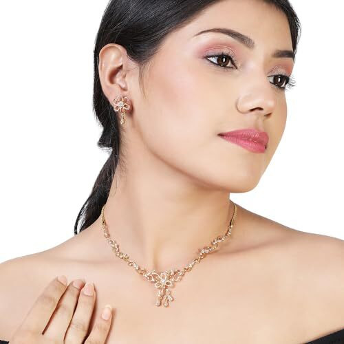 Estele Delightful Gold Plated Necklace Jewellery American Diamond Necklace Set for Women