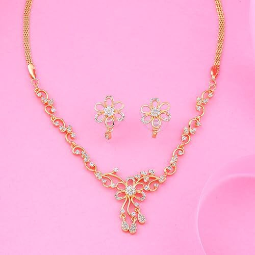 Estele Delightful Gold Plated Necklace Jewellery American Diamond Necklace Set for Women