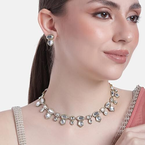 Estele 24 Kt Gold Plated Kundan Fancy Necklace Traditional Jewellery Set with Earrings for Women & Girls