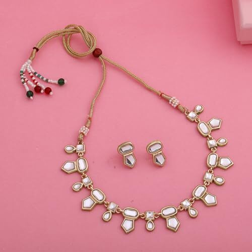 Estele 24 Kt Gold Plated Kundan Fancy Necklace Traditional Jewellery Set with Earrings for Women & Girls