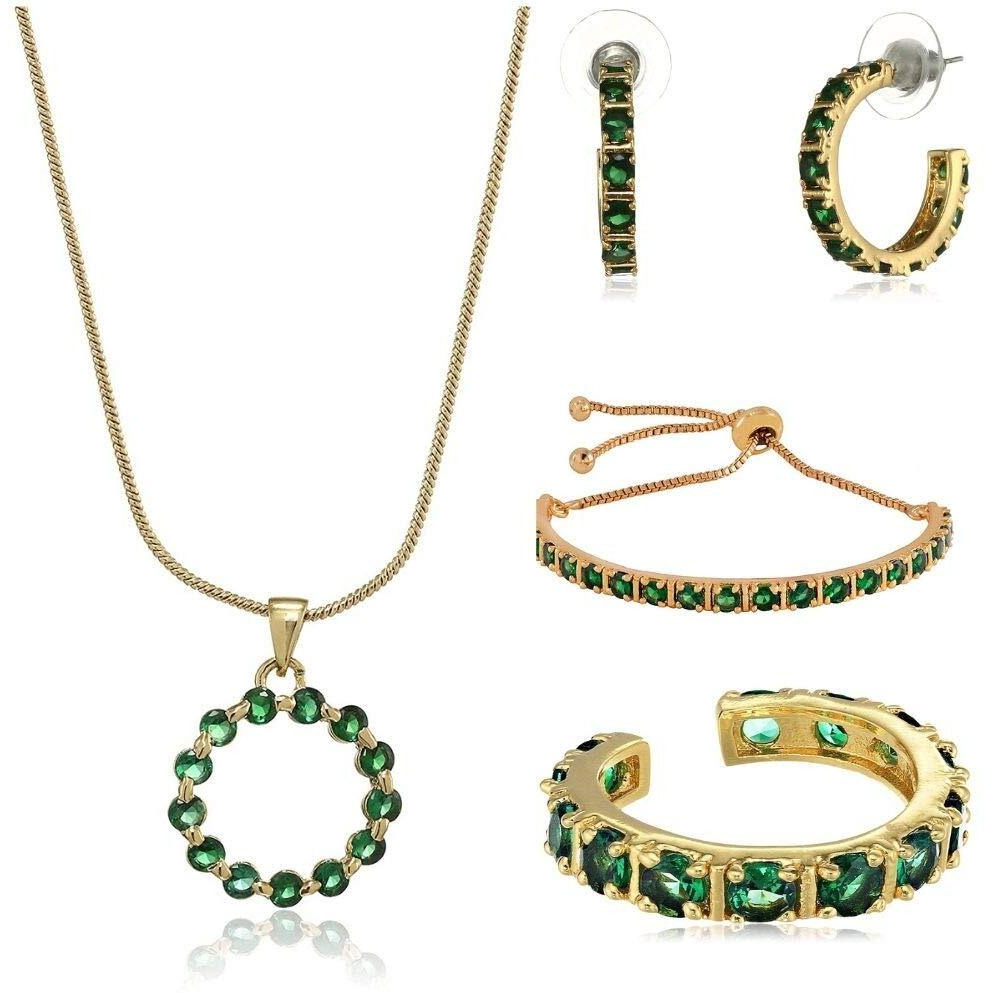 Estele Gold Plated Exquisite Emerald Crystal Pendant Ring Bracelet and Earrings Combo Set for Girls, one size