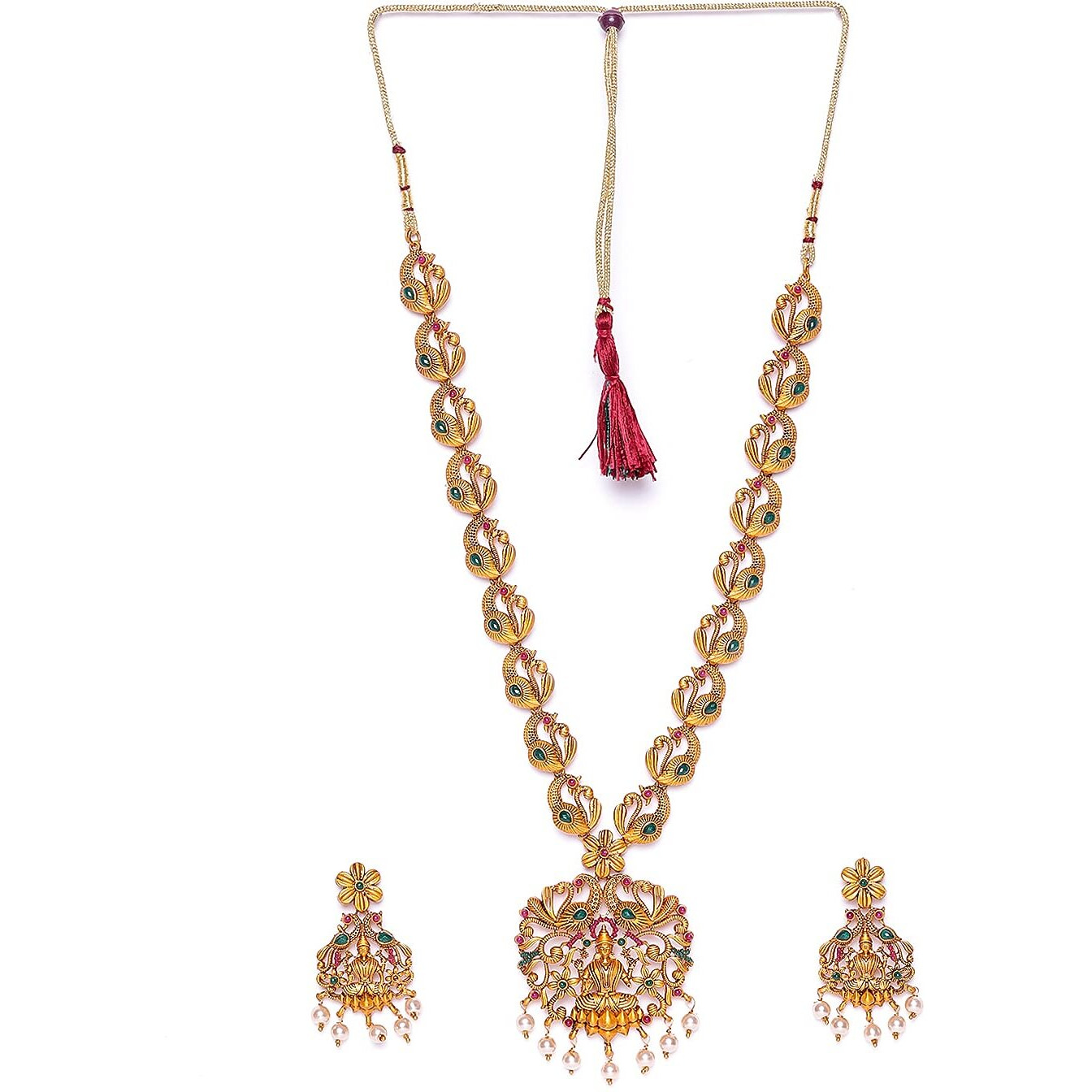 Estele Gold Plated Spiritual Blessings Lakshmi Ji Nakshi Temple Set with Colored Stones & Pearls for Women