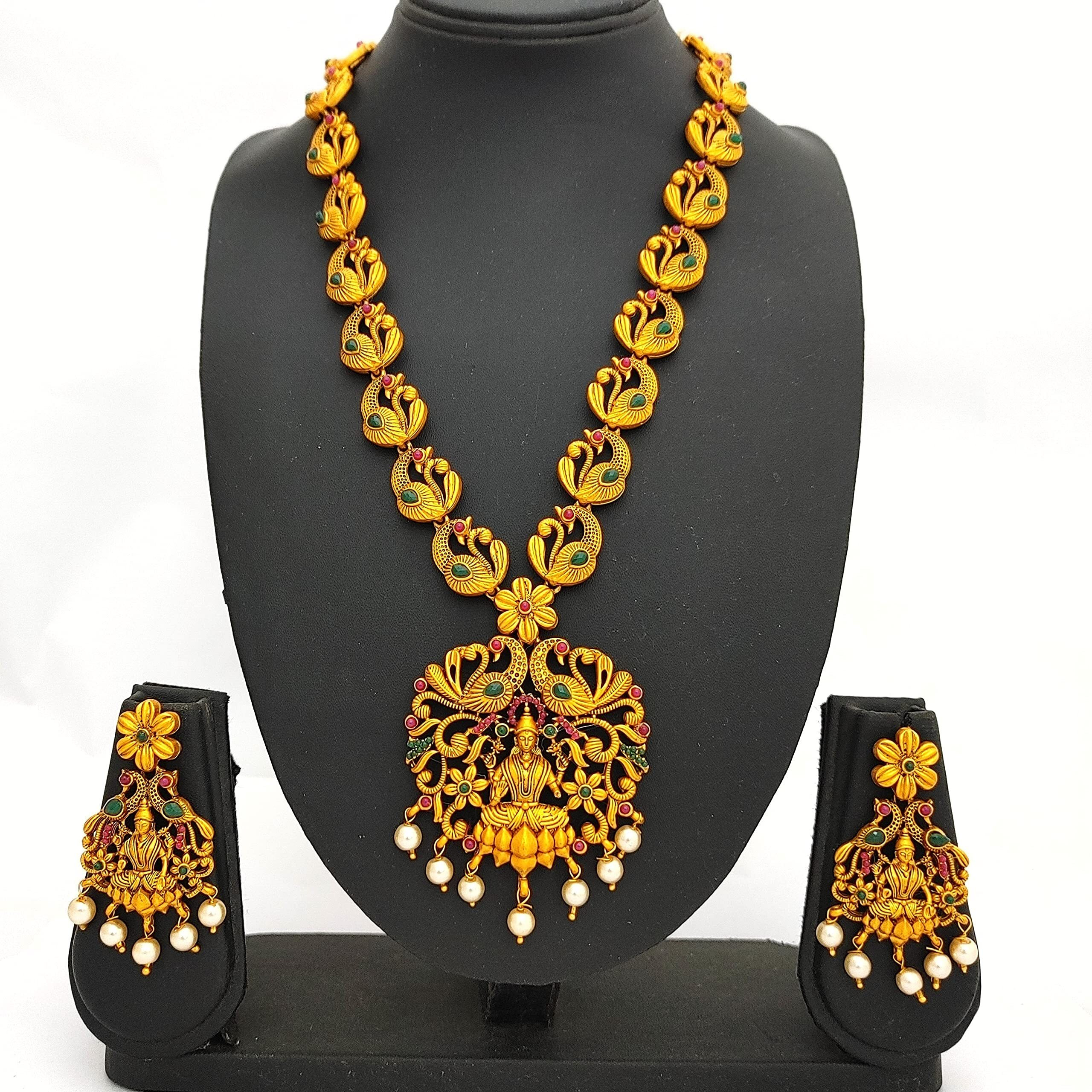 Estele Gold Plated Spiritual Blessings Lakshmi Ji Nakshi Temple Set with Colored Stones & Pearls for Women