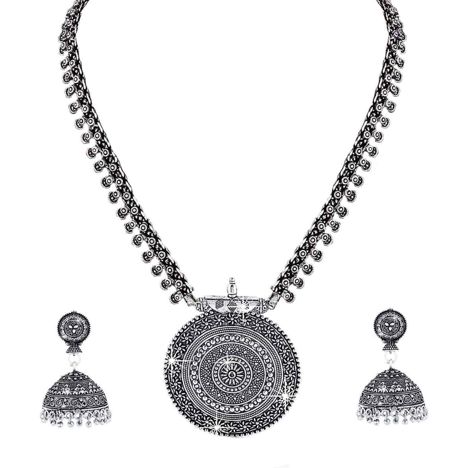 Yellow Chimes Jewellery Set for Women and Girls Traditional Silver Oxidised Jewellery Set Silver Necklace Set for Women | Long Oxidized Necklace Set | Birthday Gift For Girls and Women Anniversary Gift for Wife
