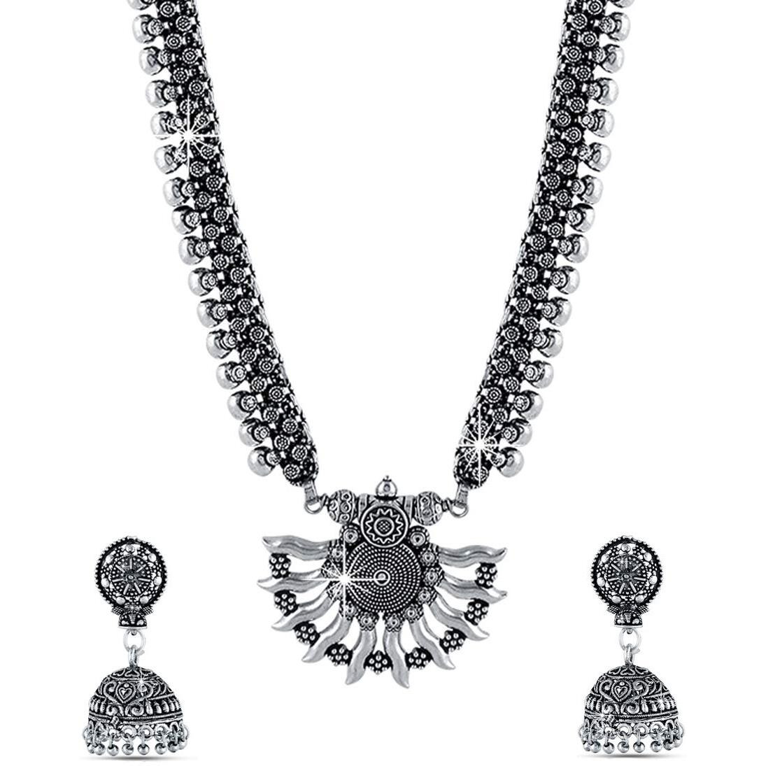 Yellow Chimes German Silver Oxidized Designer Traditional Long Pendant Necklace with Jhumka Earrings by Yellow Chimes Jewellery Set for Women (Oxidized Silver) (YCTJNS-29OXDSUN-SL)