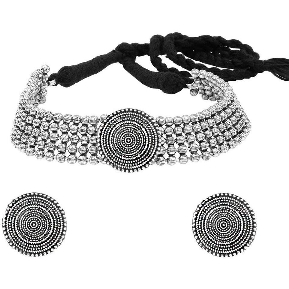 Yellow Chimes Ethnic Oxidised Silver Threaded Jewelry Beads Traditional Choker Necklace Set for Women and Girls, medium (YCTJNS-49OXDCIRCL-SL)