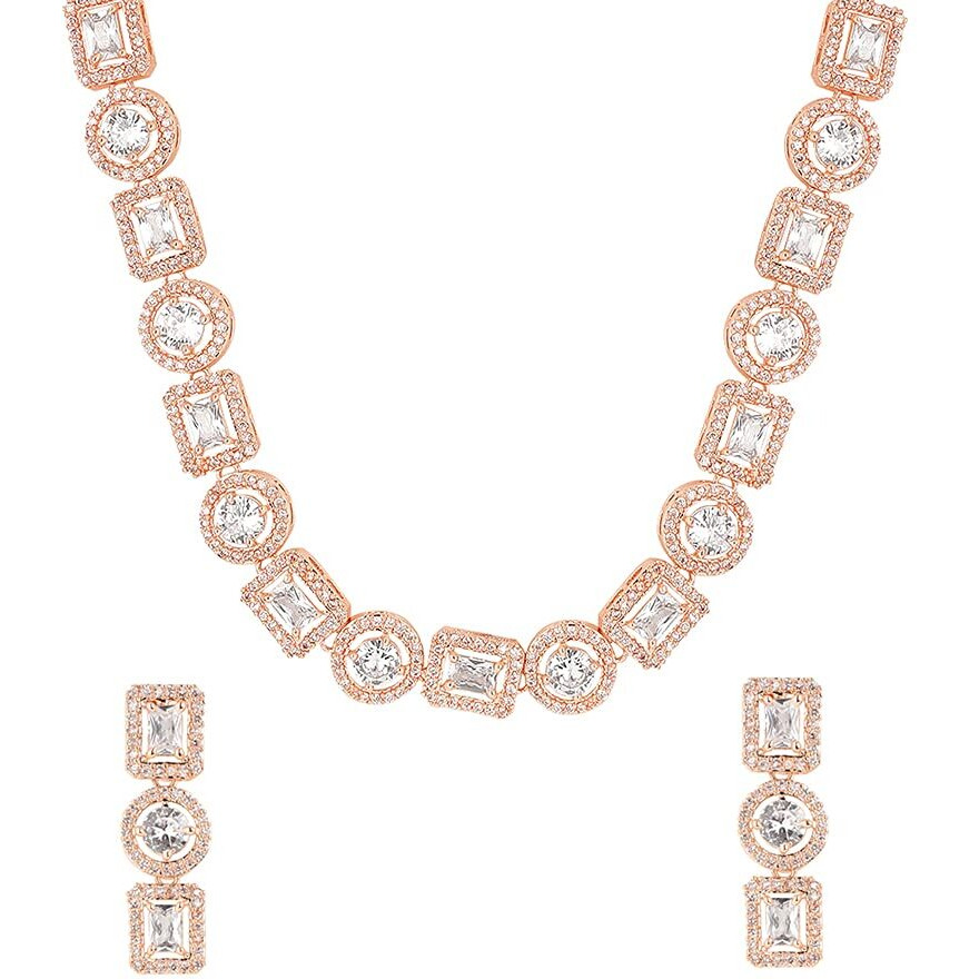 Yellow Chimes American Diamond Necklace Set For Women | White Stone Rose Gold Jewellery Set For Women | Diamond Necklace Set | Birthday Gift for Girls Anniversary Gift for Wife