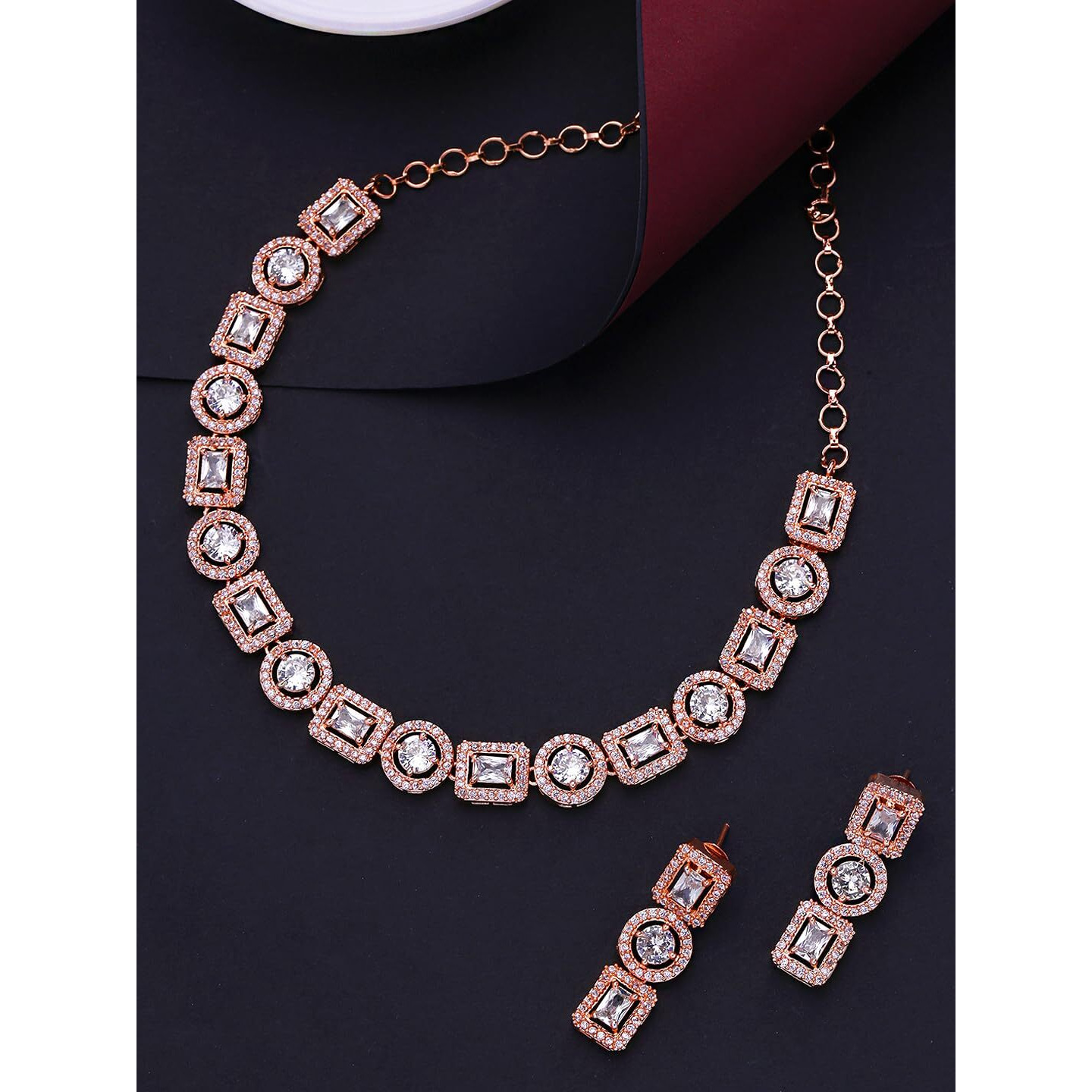 Yellow Chimes American Diamond Necklace Set For Women | White Stone Rose Gold Jewellery Set For Women | Diamond Necklace Set | Birthday Gift for Girls Anniversary Gift for Wife