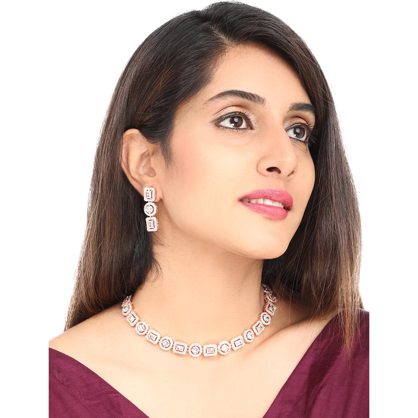 Yellow Chimes American Diamond Necklace Set For Women | White Stone Rose Gold Jewellery Set For Women | Diamond Necklace Set | Birthday Gift for Girls Anniversary Gift for Wife