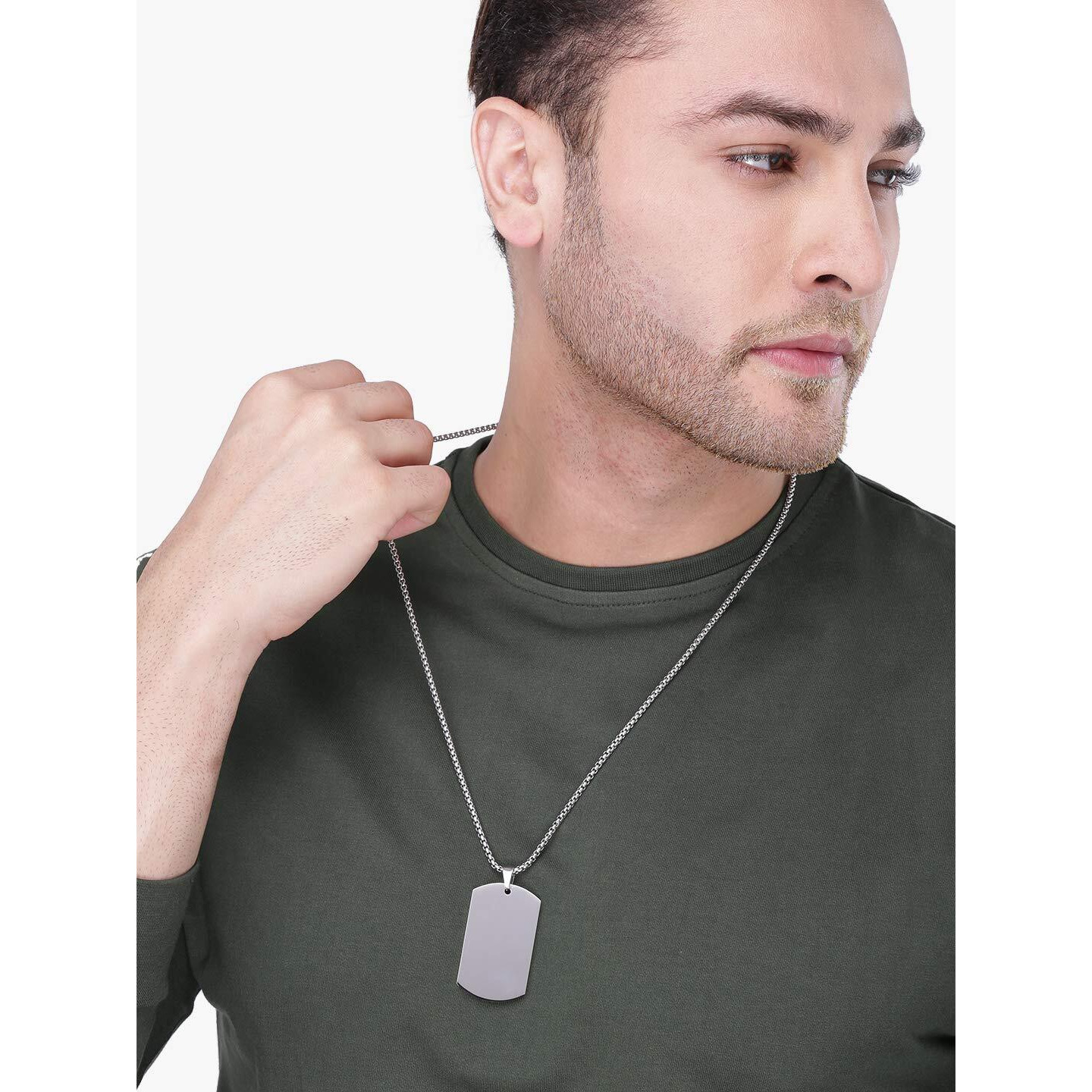 Yellow Chimes Stainless Steel Plain Silver 3 MM Tag Pendant Necklace Silver Plated Pendant for Men (Silver) (YCSSCH-TAG1BIG-SL)
