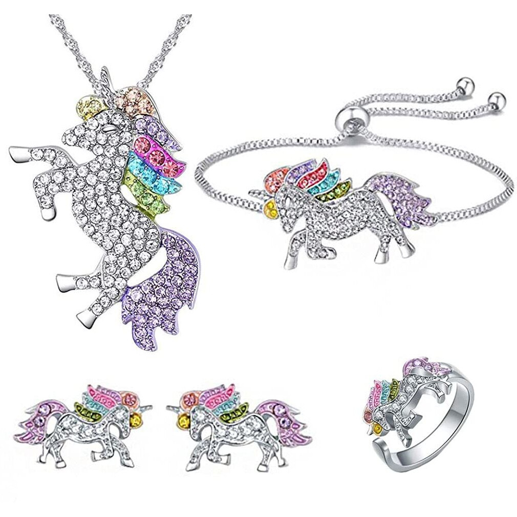 Melbees by Yellow Chimes Unicorn Jewellery Set for Girls Rainbow Crystal Unicorn Pendant Bracelet Earrings Ring Set Kids Jewellery Set for Girls.