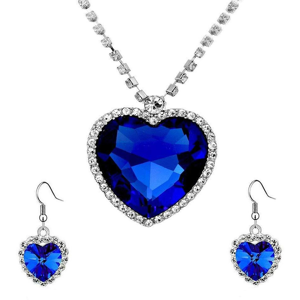 Yellow Chimes Pendant Set for Women Valentine Special Mesmerizing Silver Plated Titanic Blue Ocean Heart Crystal Pendant Set for Girls and Women.