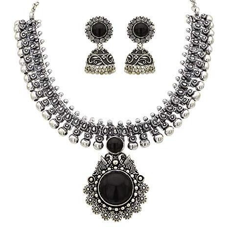 Yellow Chimes Oxidized Silver Kolhapuri Necklace Set with Jhumka Earrings Jewellery Set for Women (Oxidized Silver, Black) (YCTJNS-01CHOKR-BK)