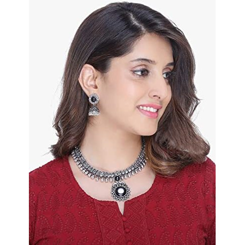 Yellow Chimes Oxidized Silver Kolhapuri Necklace Set with Jhumka Earrings Jewellery Set for Women (Oxidized Silver, Black) (YCTJNS-01CHOKR-BK)