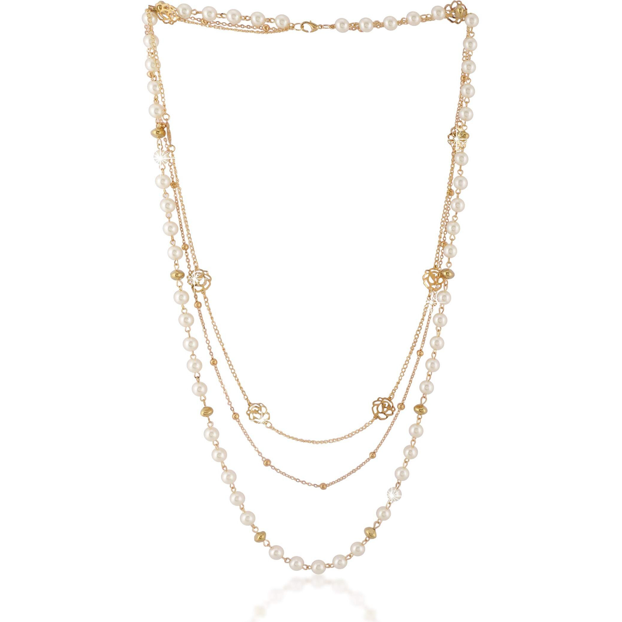 Yellow Chimes Long Chain Necklace for Women Pearl Necklace for Girls Multilayer Gold-Plated Floral Chain Necklace for Women and Girls