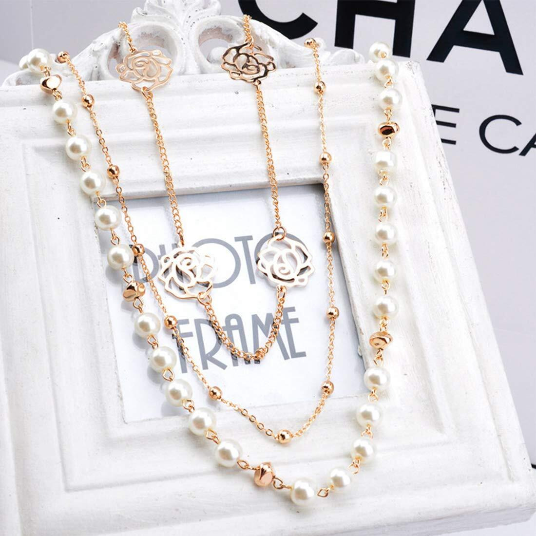 Yellow Chimes Long Chain Necklace for Women Pearl Necklace for Girls Multilayer Gold-Plated Floral Chain Necklace for Women and Girls