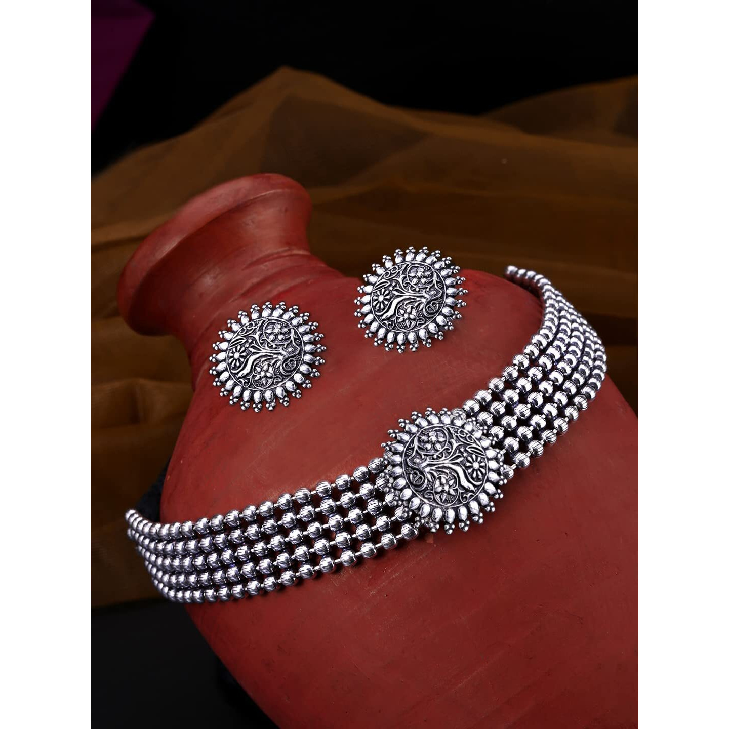 Yellow Chimes Ethnic Oxidised Silver Threaded Jewelry Beads Traditional Choker Necklace Set for Women and Girls, medium (YCTJNS-47OXDSFLW-SL)