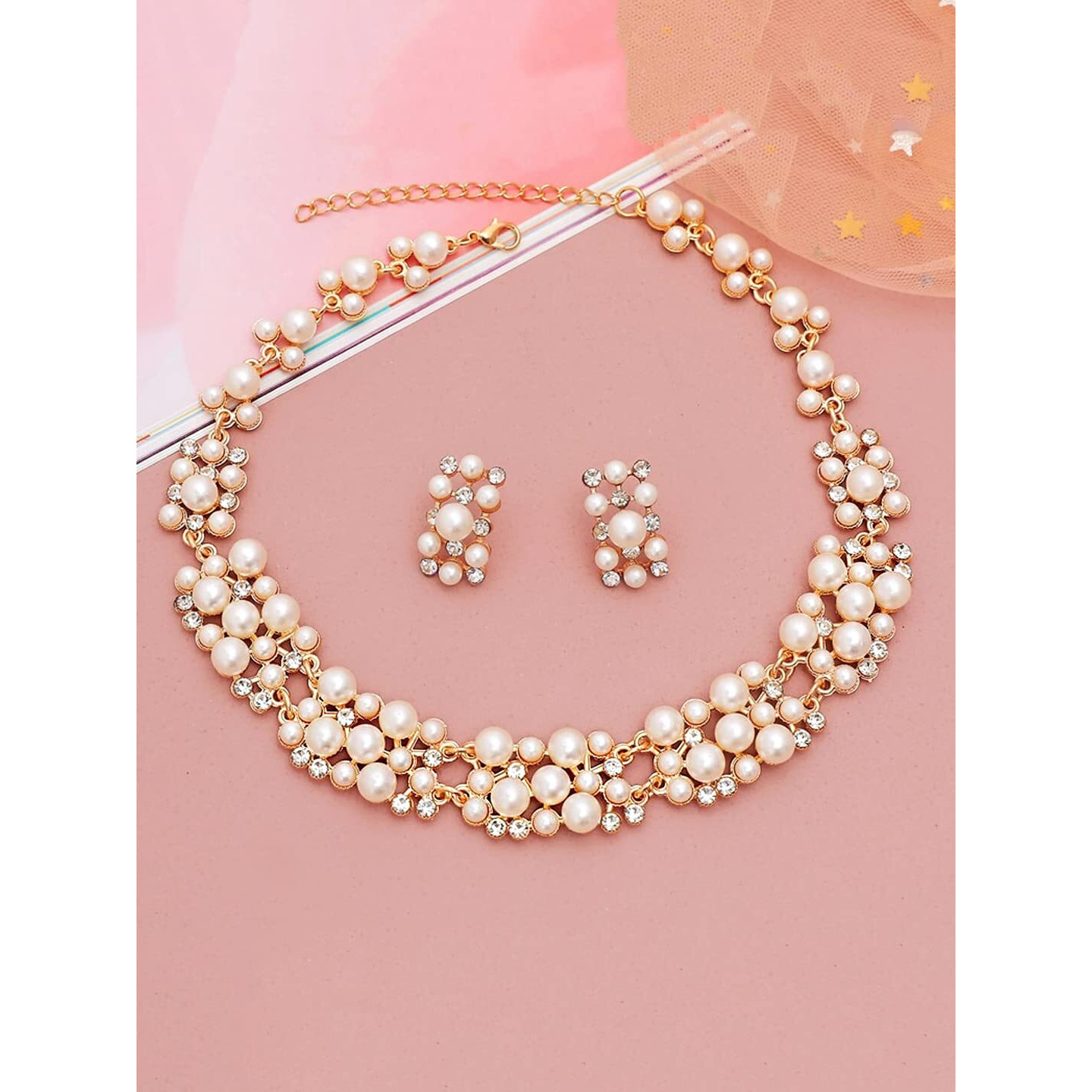 Yellow Chimes Womens Pearl Necklace Set with Earrings Rose Gold Choker Copper Jewellery Set Valentine Gift for Girls