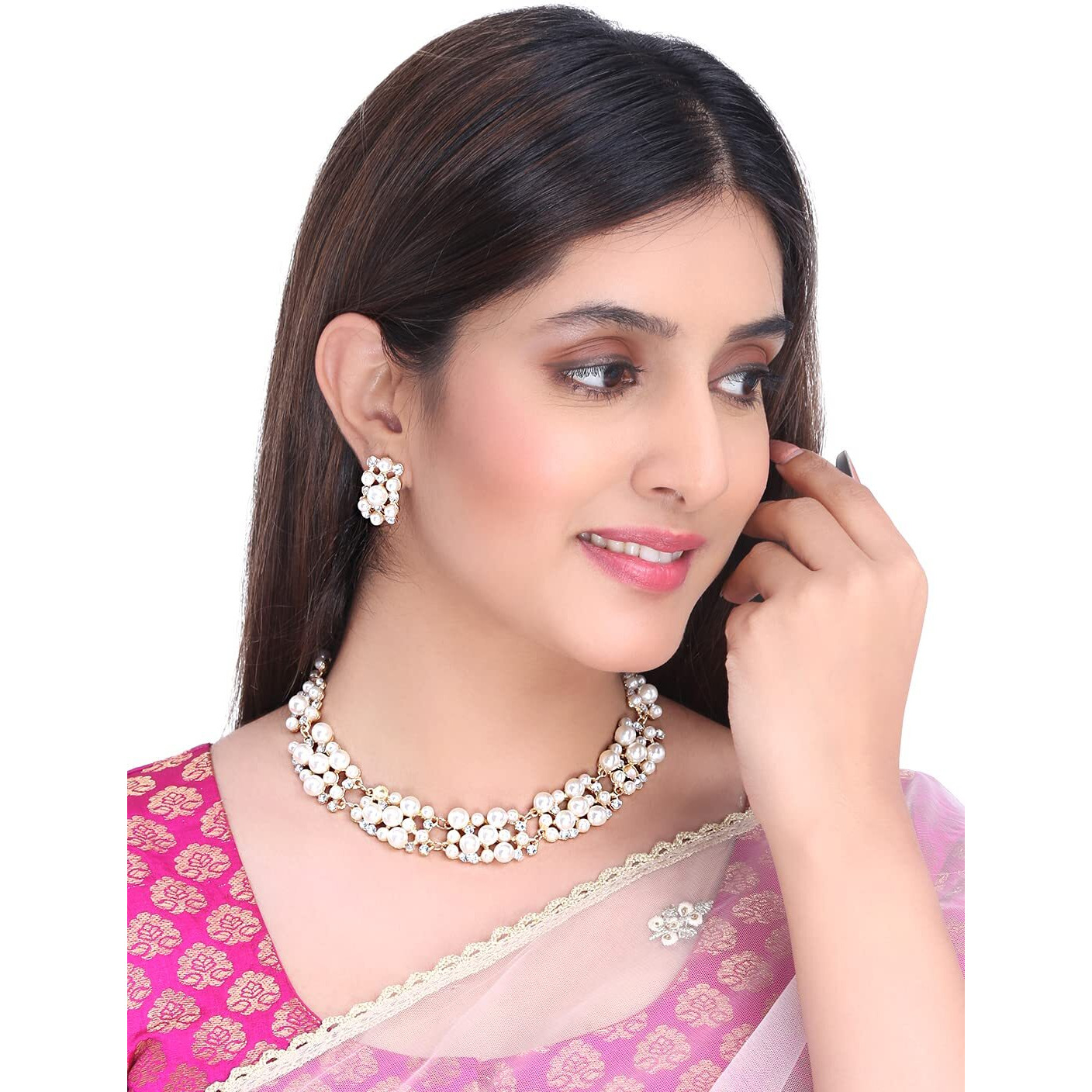 Yellow Chimes Womens Pearl Necklace Set with Earrings Rose Gold Choker Copper Jewellery Set Valentine Gift for Girls