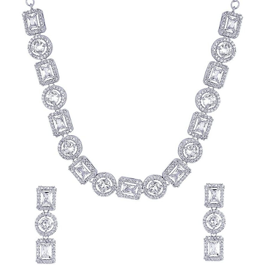 Yellow Chimes American Diamond Necklace Set For Women | White Stone Silver Jewellery Set For Women | Diamond Necklace Set | Birthday Gift for Girls Anniversary Gift for Wife