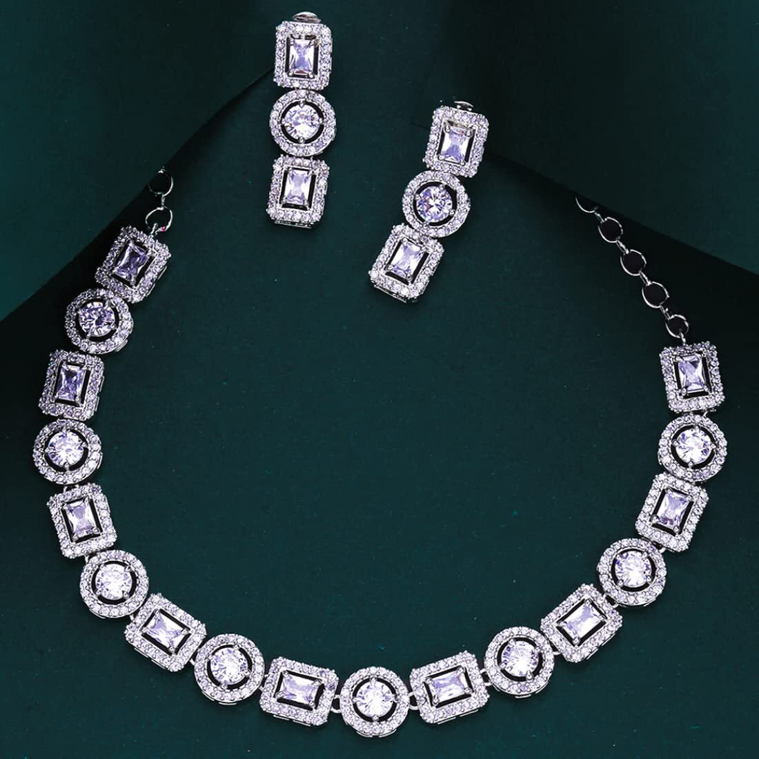 Yellow Chimes American Diamond Necklace Set For Women | White Stone Silver Jewellery Set For Women | Diamond Necklace Set | Birthday Gift for Girls Anniversary Gift for Wife
