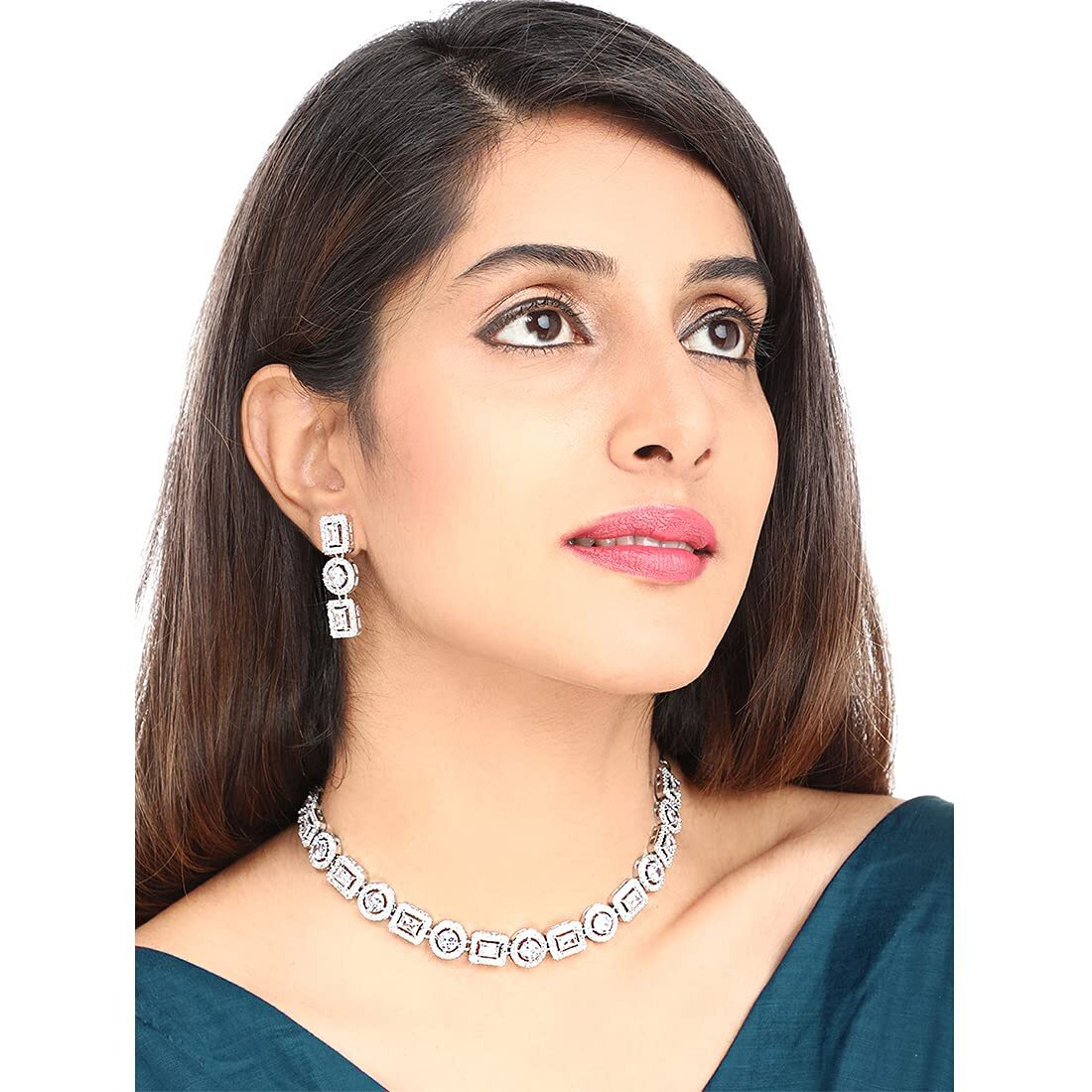 Yellow Chimes American Diamond Necklace Set For Women | White Stone Silver Jewellery Set For Women | Diamond Necklace Set | Birthday Gift for Girls Anniversary Gift for Wife