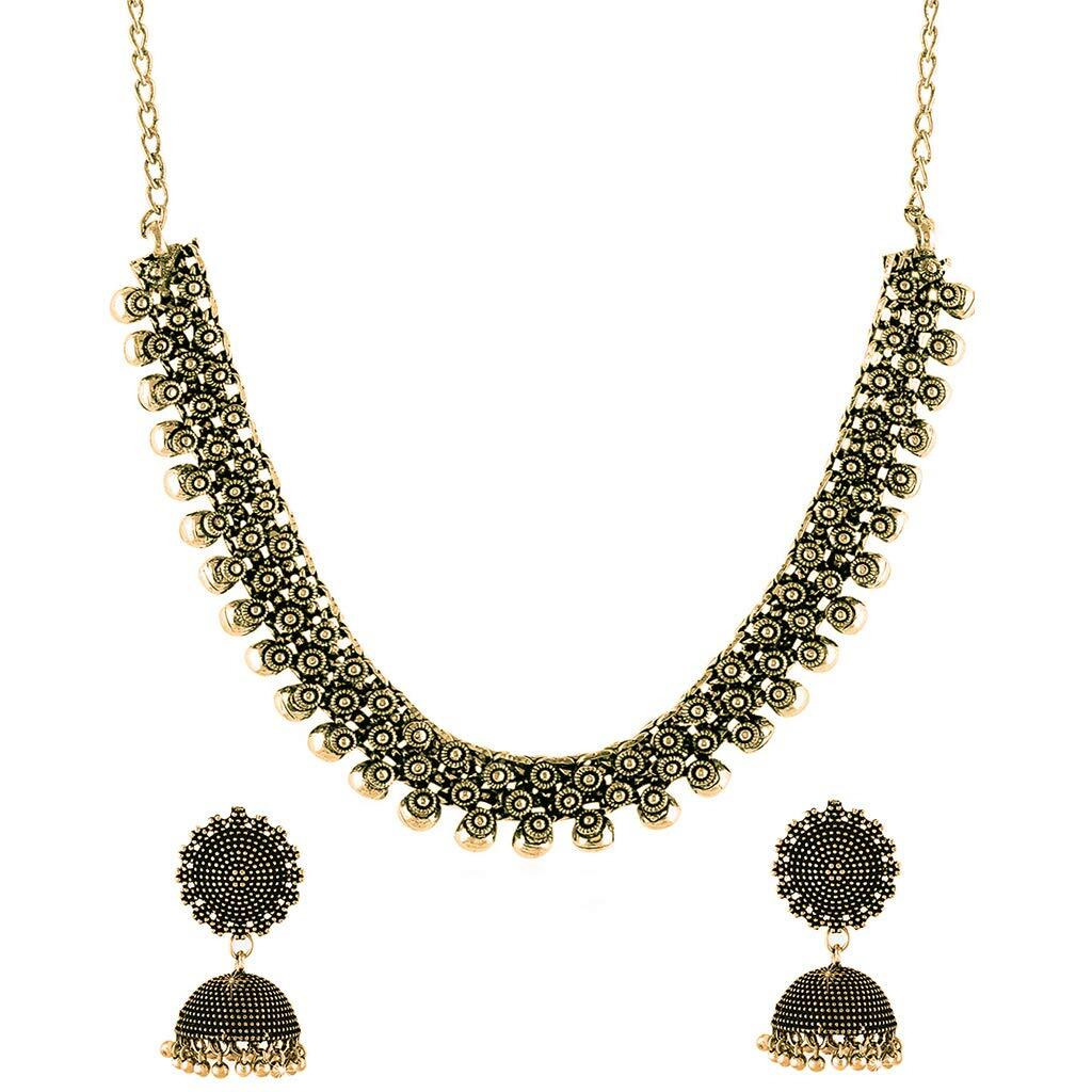 Yellow Chimes Oxidized Gold Jewellery Set Antique Kohlapuri Tribal Designer Choker Necklace Set for Women and Girls, medium (YCTJNS-16OXDTHR-GL)