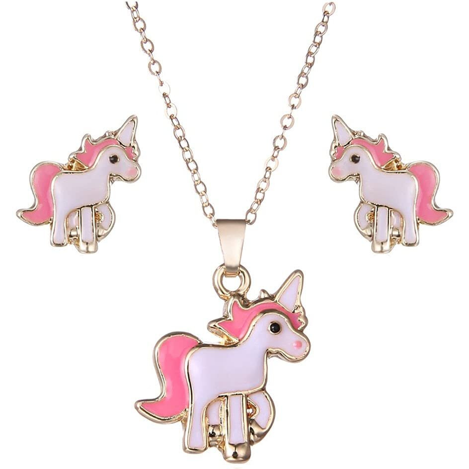 Melbees by Yellow Chimes Pendant Set for Girls Lovely Pink Baby Unicorn Small Pendant Set Necklace with Stud Earrings Kids Jewellery Set for Girls and Kids.