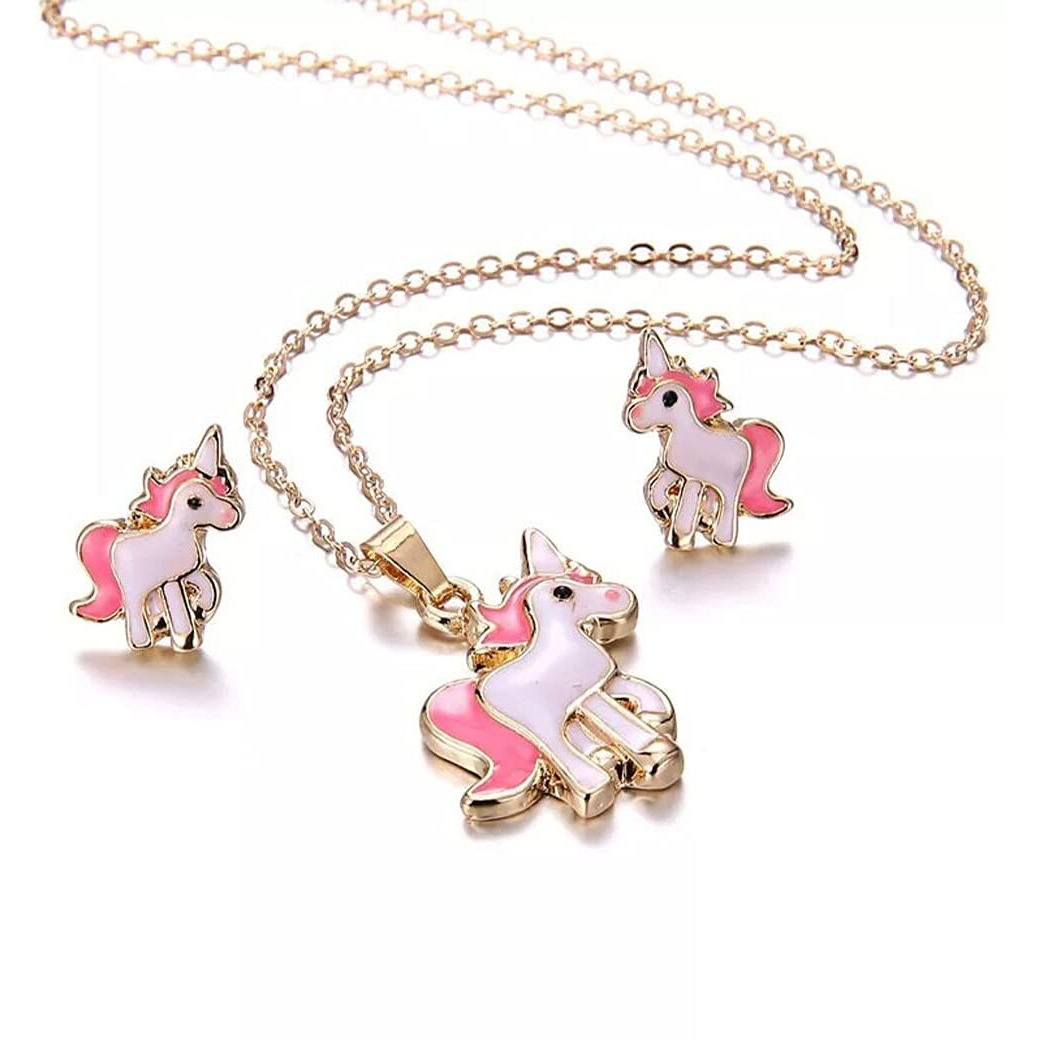 Melbees by Yellow Chimes Pendant Set for Girls Lovely Pink Baby Unicorn Small Pendant Set Necklace with Stud Earrings Kids Jewellery Set for Girls and Kids.
