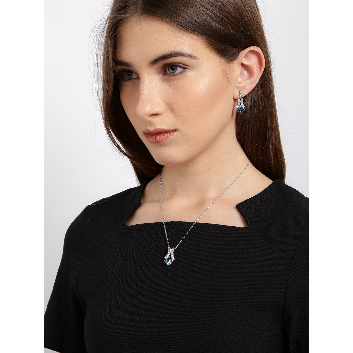 Yellow Chimes Pendant Set for Women and Girls A5 High Grade Blue Crystal Pendant Set Silver Tone Chain Pendant With Earrings Set for Girls | Birthday Gifts For Women
