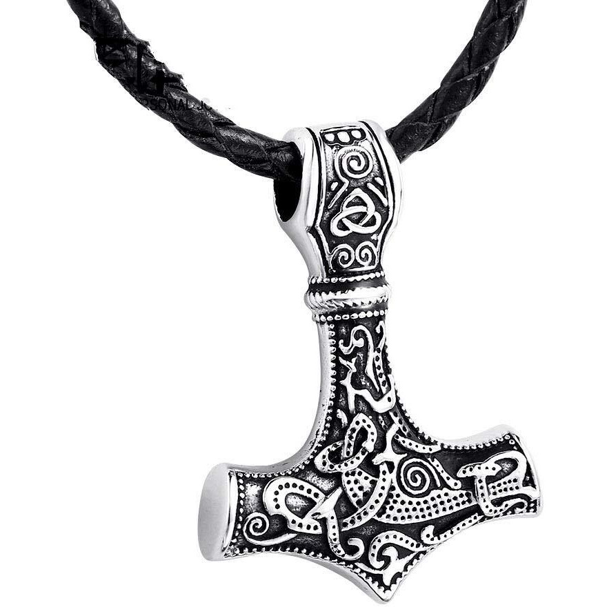 Yellow Chimes Pendant for Men Silver Men Pendant Thors Hammer Mjolnir Braided Black Leather Rope Silver Pendant Necklace for Men and Boys.