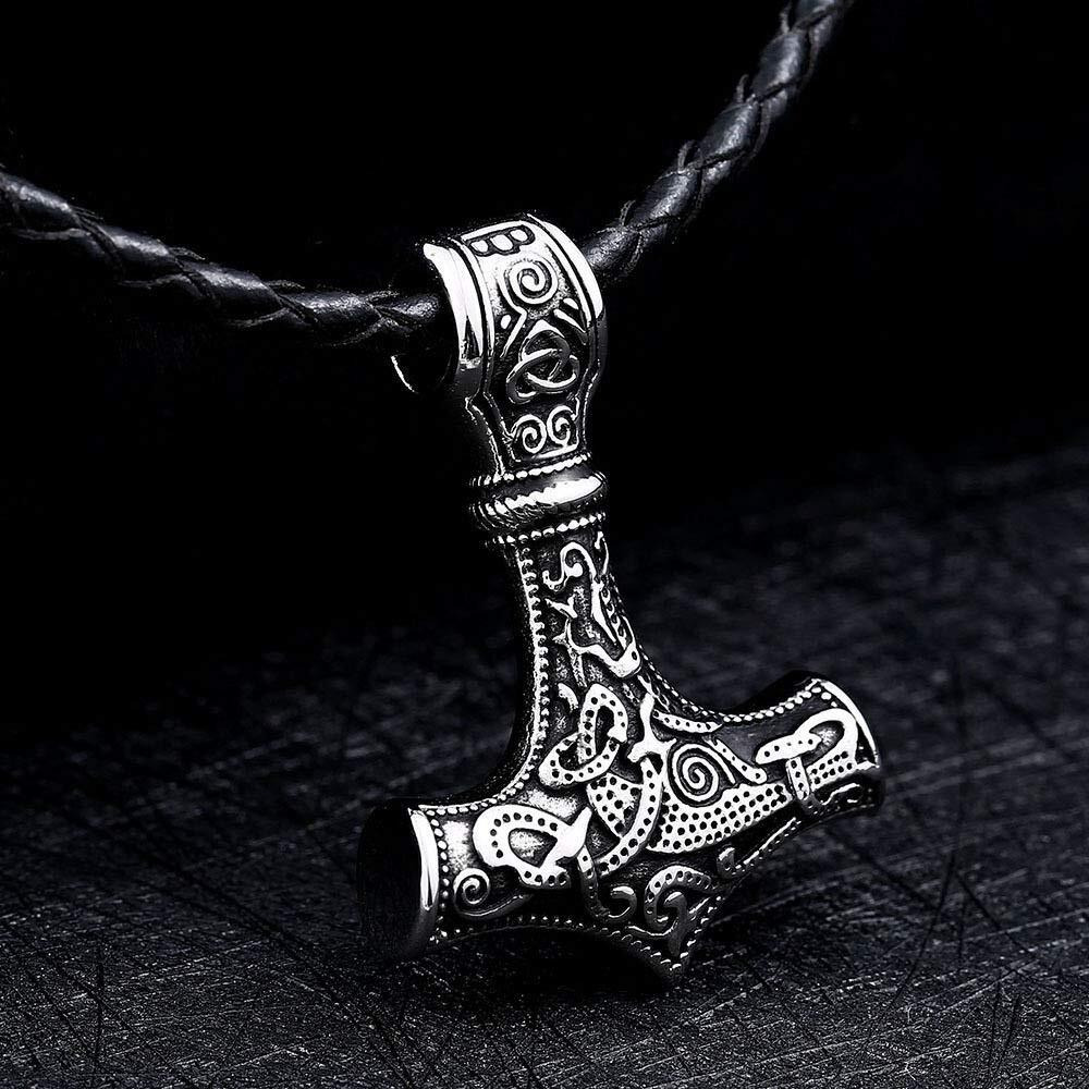 Yellow Chimes Pendant for Men Silver Men Pendant Thors Hammer Mjolnir Braided Black Leather Rope Silver Pendant Necklace for Men and Boys.