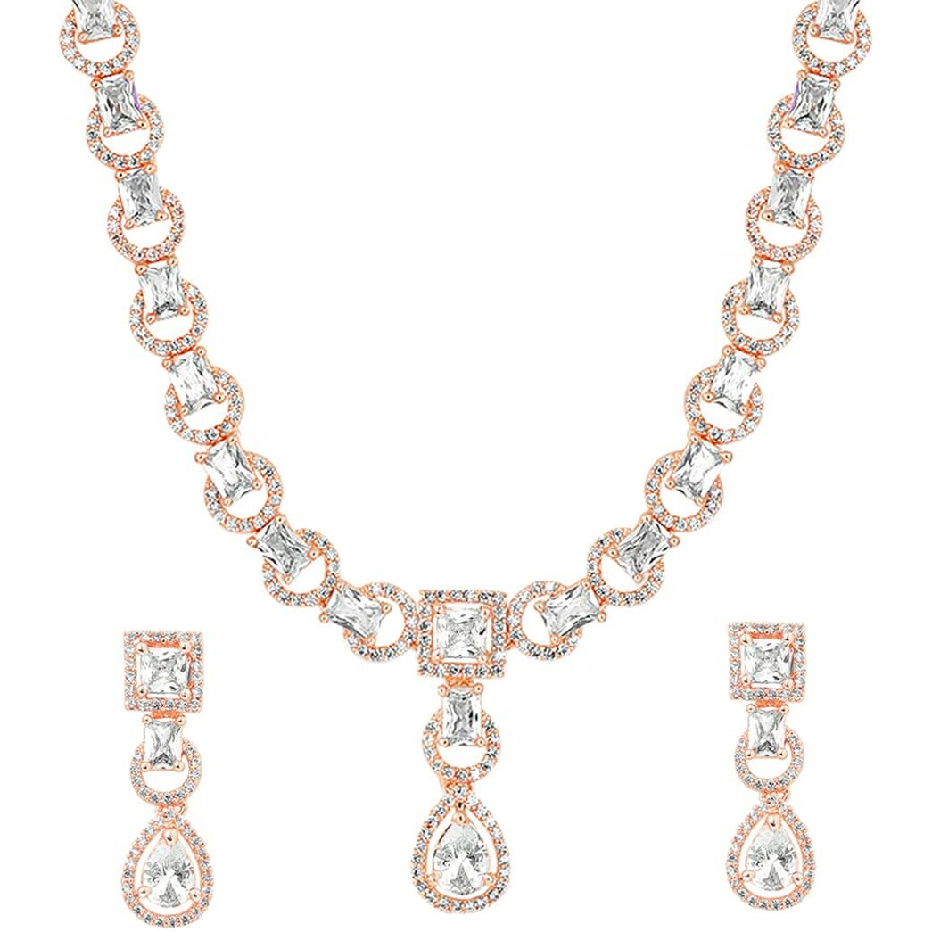 Yellow Chimes American Diamond Necklace Set For Women | White Stone Rose Gold Jewellery Set For Women | Diamond Necklace Set | Birthday Gift for Girls Anniversary Gift for Wife