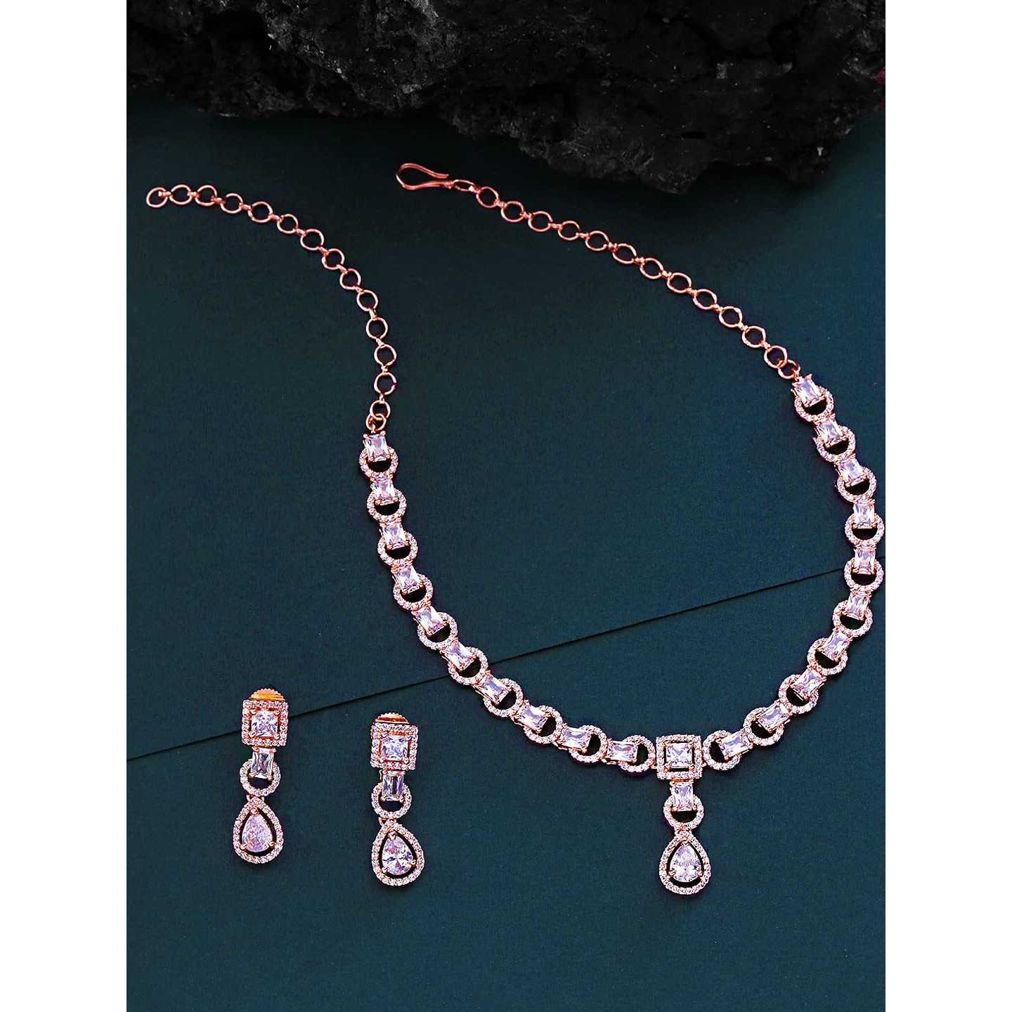Yellow Chimes American Diamond Necklace Set For Women | White Stone Rose Gold Jewellery Set For Women | Diamond Necklace Set | Birthday Gift for Girls Anniversary Gift for Wife