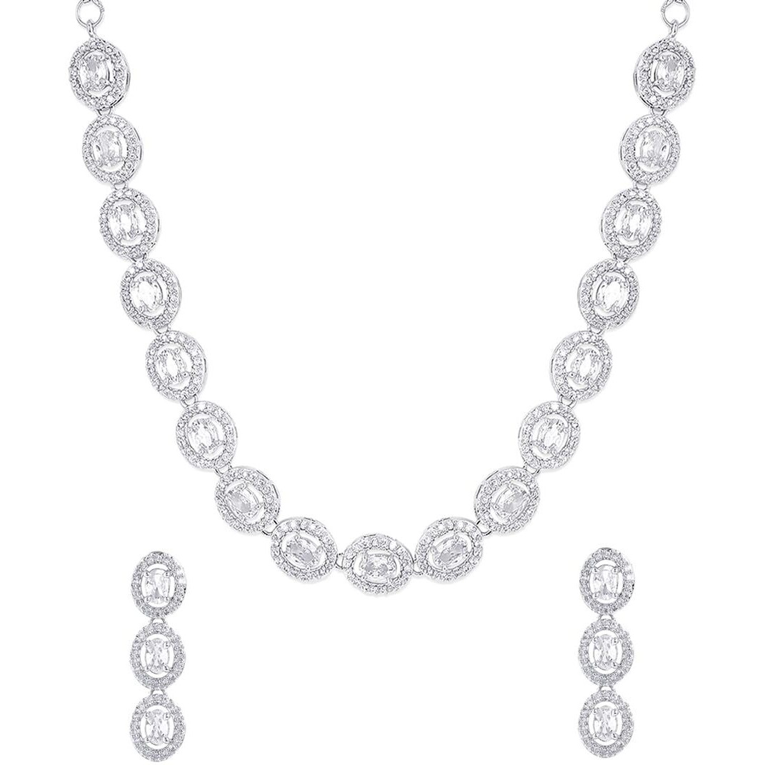Yellow Chimes American Diamond Necklace Set For Women | White Stone Silver Jewellery Set For Women | Diamond Necklace Set | Birthday Gift for Girls Anniversary Gift for Wife