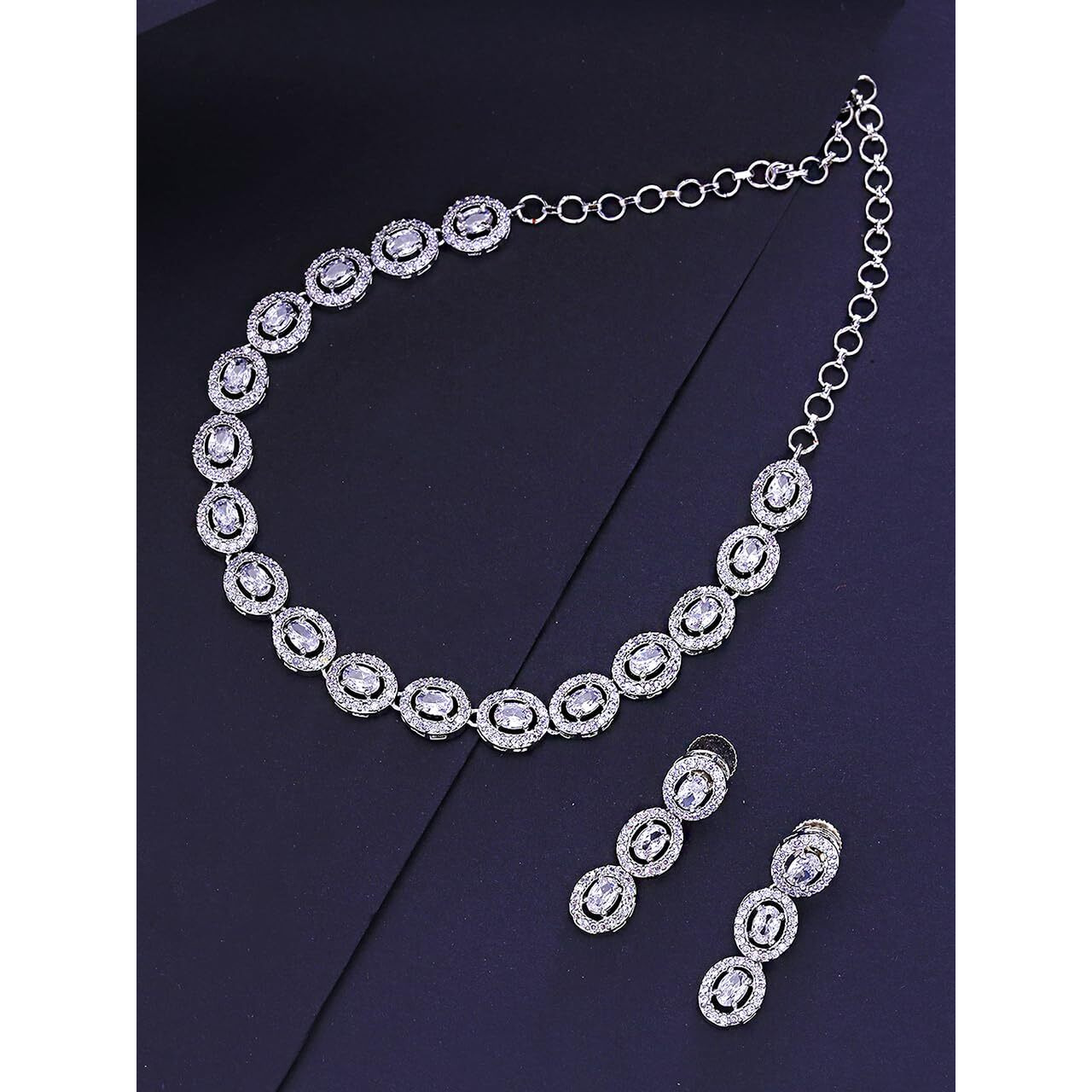 Yellow Chimes American Diamond Necklace Set For Women | White Stone Silver Jewellery Set For Women | Diamond Necklace Set | Birthday Gift for Girls Anniversary Gift for Wife