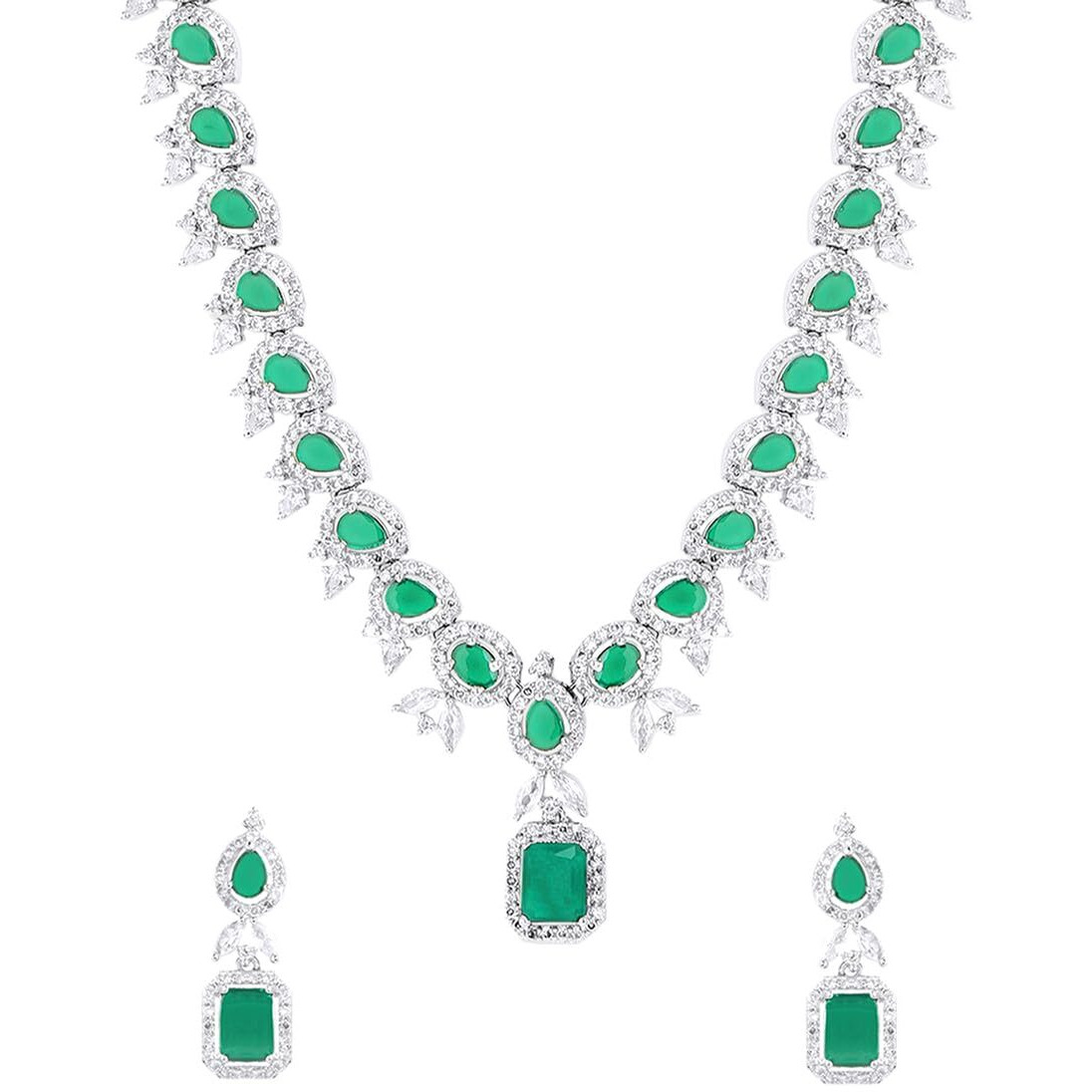Yellow Chimes American Diamond Necklace Set For Women | Green Stone Silver Jewellery Set For Women | Diamond Necklace Set | Birthday Gift for Girls Anniversary Gift for Wife