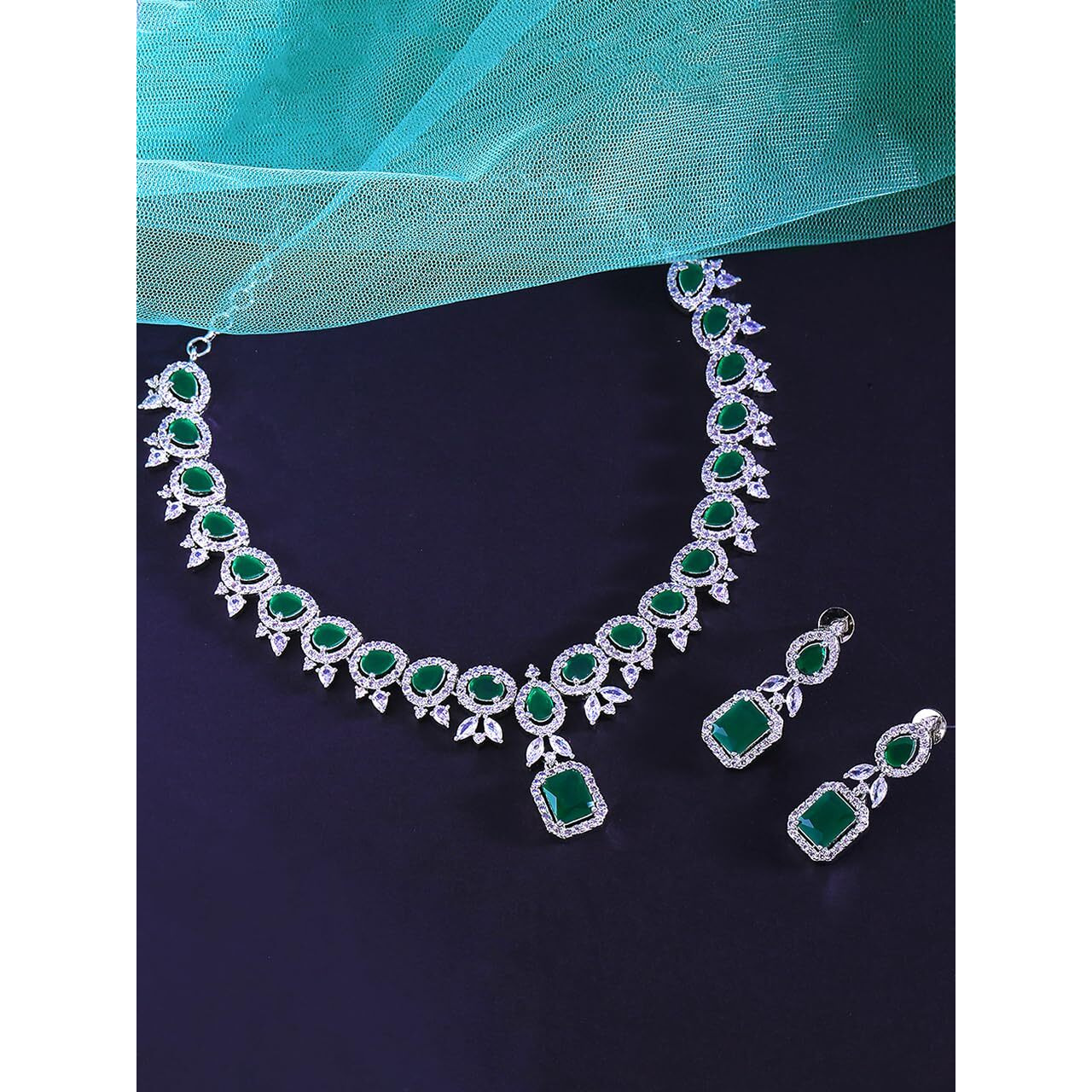 Yellow Chimes American Diamond Necklace Set For Women | Green Stone Silver Jewellery Set For Women | Diamond Necklace Set | Birthday Gift for Girls Anniversary Gift for Wife