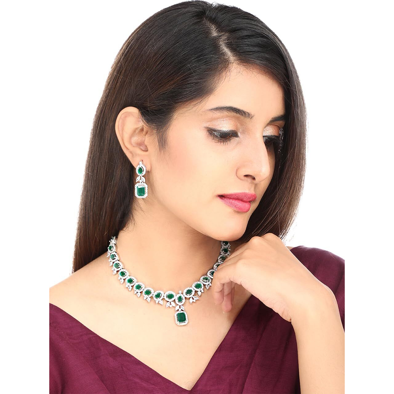 Yellow Chimes American Diamond Necklace Set For Women | Green Stone Silver Jewellery Set For Women | Diamond Necklace Set | Birthday Gift for Girls Anniversary Gift for Wife