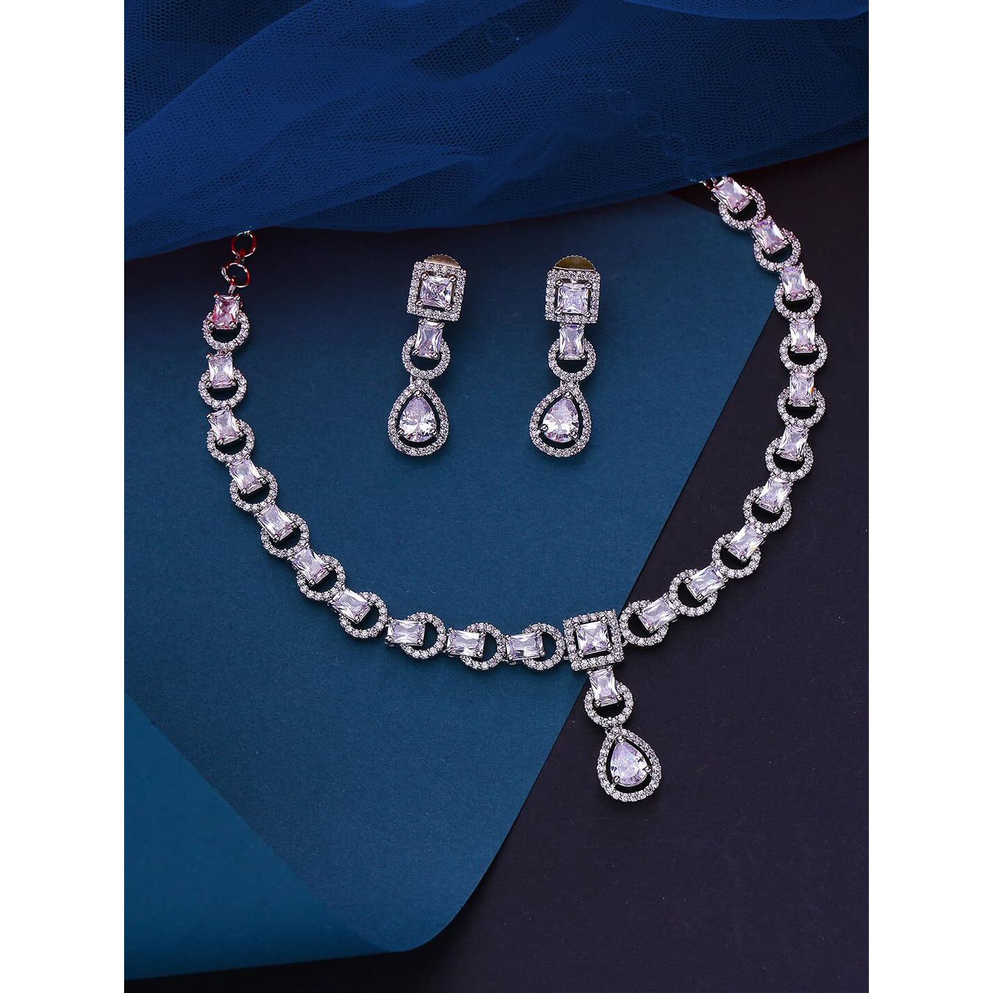 Yellow Chimes Diamond Necklace Set for Women | Green Stone Silver Necklace Set | AD Jewellery Set for Women | Silver Diamond Necklace Set | Birthday Gift for Girls & Women Anniversary Gift for Wife
