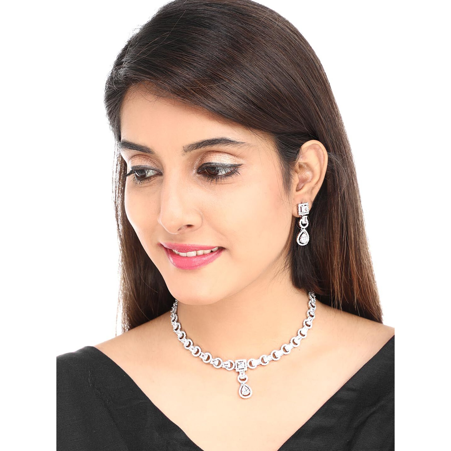 Yellow Chimes Diamond Necklace Set for Women | Green Stone Silver Necklace Set | AD Jewellery Set for Women | Silver Diamond Necklace Set | Birthday Gift for Girls & Women Anniversary Gift for Wife