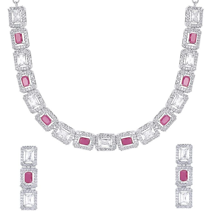 Yellow Chimes American Diamond Necklace Set For Women | White Pink Stone Silver Jewellery Set For Women | Diamond Necklace Set | Birthday Gift for Girls Anniversary Gift for Wife