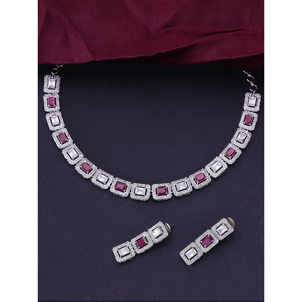 Yellow Chimes American Diamond Necklace Set For Women | White Pink Stone Silver Jewellery Set For Women | Diamond Necklace Set | Birthday Gift for Girls Anniversary Gift for Wife