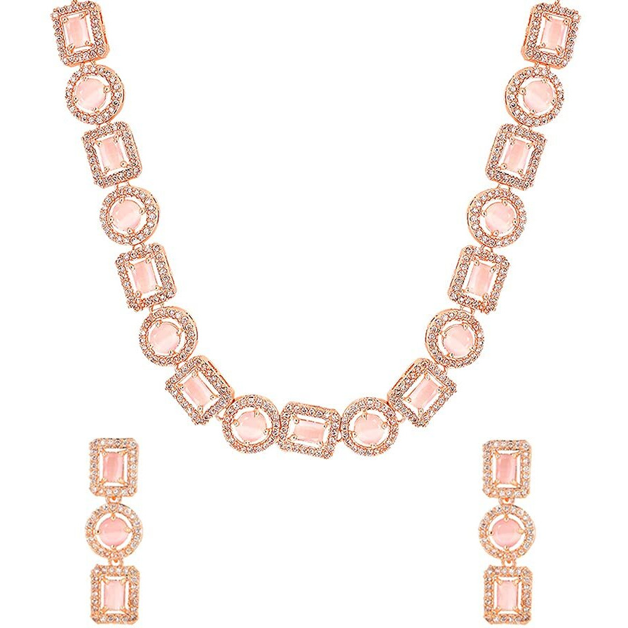 Yellow Chimes American Diamond Necklace Set For Women | Pink Stone Rose Gold Jewellery Set For Women | Diamond Necklace Set | Birthday Gift for Girls Anniversary Gift for Wife