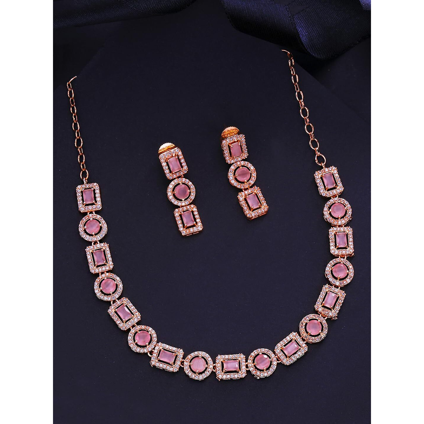 Yellow Chimes American Diamond Necklace Set For Women | Pink Stone Rose Gold Jewellery Set For Women | Diamond Necklace Set | Birthday Gift for Girls Anniversary Gift for Wife