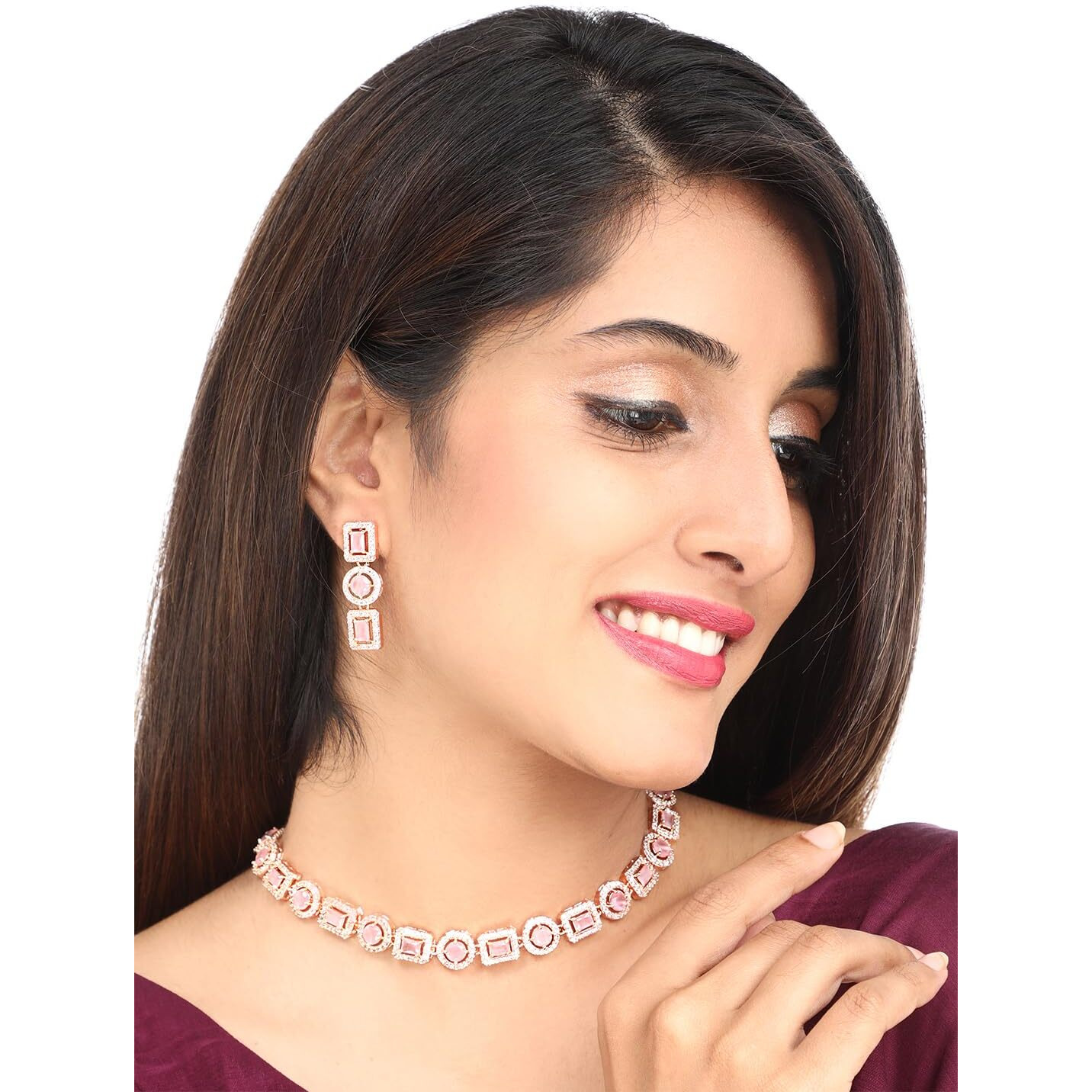 Yellow Chimes American Diamond Necklace Set For Women | Pink Stone Rose Gold Jewellery Set For Women | Diamond Necklace Set | Birthday Gift for Girls Anniversary Gift for Wife