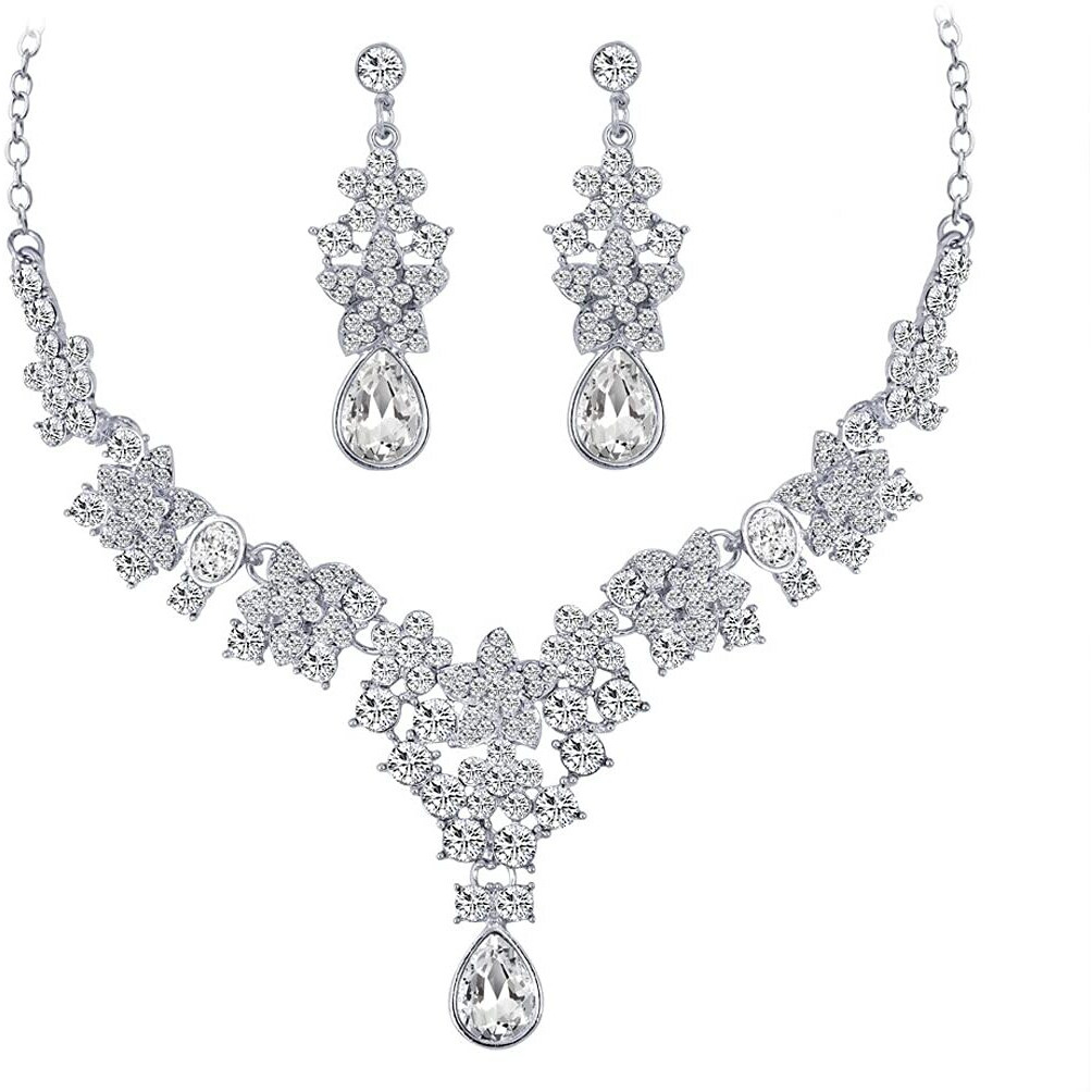 Yellow Chimes Jewellery Set for Women and Girls Fashion White Crystal Jewellery Set for Women | Silver Toned Crystal Choker Necklace Set | Birthday Gift for Girls & Women