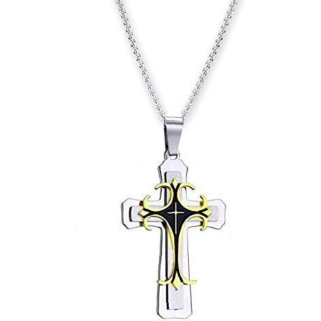 Yellow Chimes Cross Pendant for Men Chain Men Pendant Dual Tone Cross Sign Gold Polished Stainless Steel Chain Pendant for Men and Boys.
