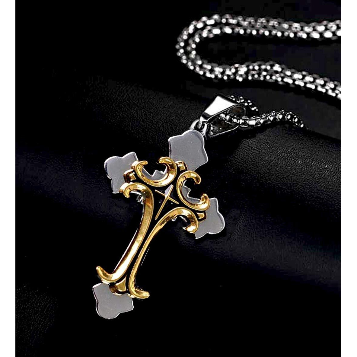 Yellow Chimes Cross Pendant for Men Chain Men Pendant Dual Tone Cross Sign Gold Polished Stainless Steel Chain Pendant for Men and Boys.