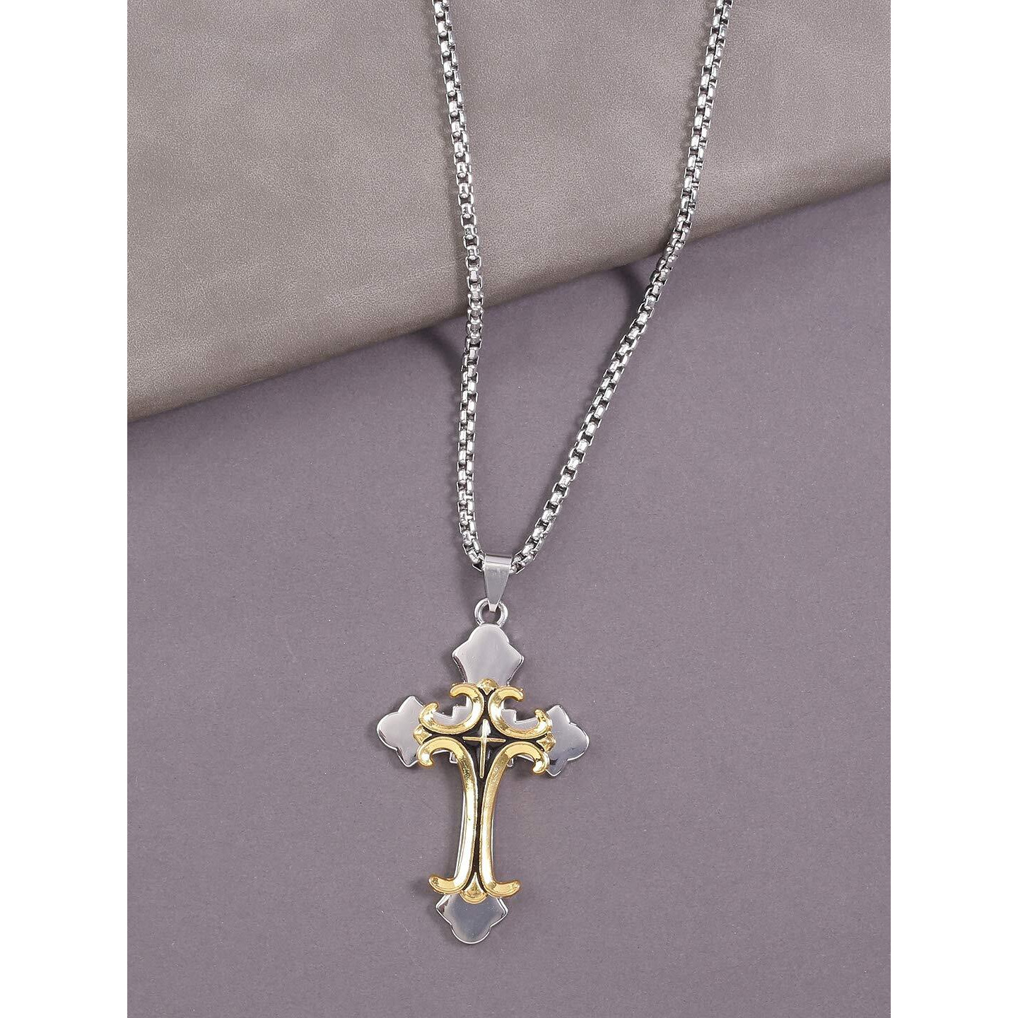 Yellow Chimes Cross Pendant for Men Chain Men Pendant Dual Tone Cross Sign Gold Polished Stainless Steel Chain Pendant for Men and Boys.